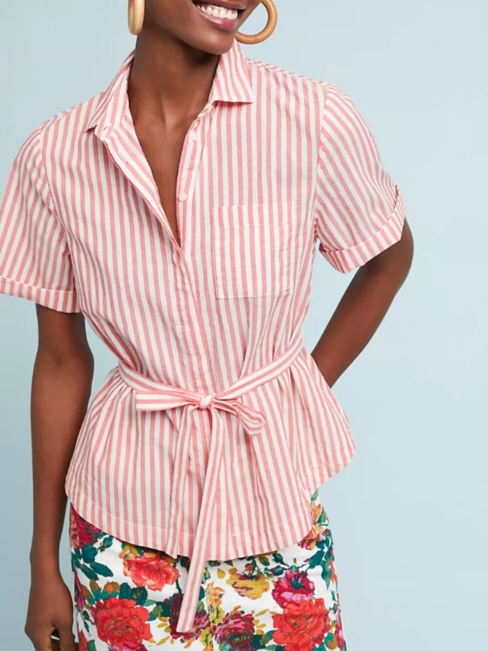 Anthropologie Stripe Blouse Womens Large Red White Cotton Belted Short Sleeve